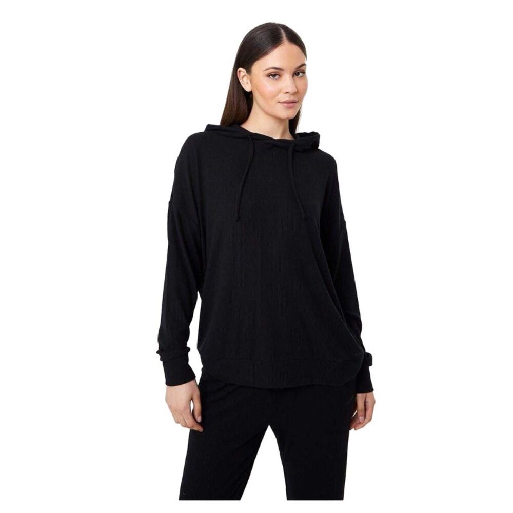 USA Womens/Ladies Ribbed Slouch Hoodie / Jet Black